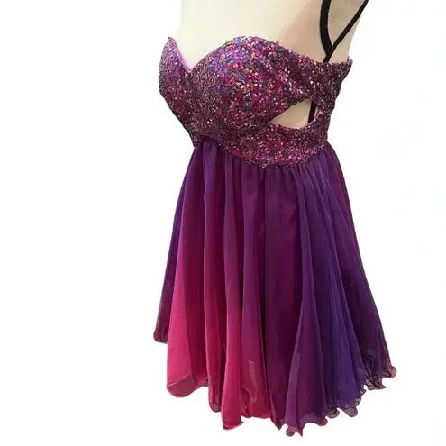 Blondie Nites sequin strapless ruffle mini dress purple ombré with side cut outs