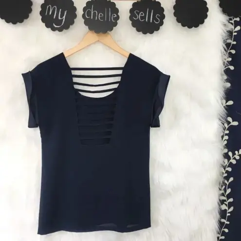 AQUA  Navy Satin Trim Cut Out‎ Short Sleeve Top