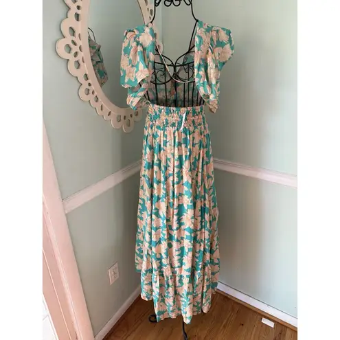 Tiare Hawaii New Moon Maxi Dress Bamboo Organic OS Floral Teal