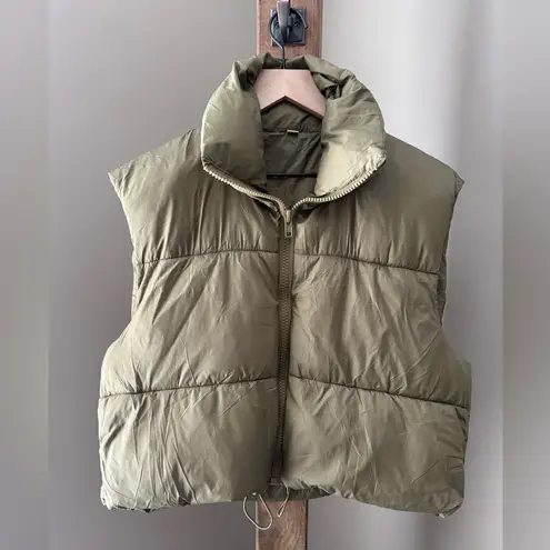 Women's Cropped Army Green Zip Up Puffer Vest Stand Collar Drawstring Hem XL EUC