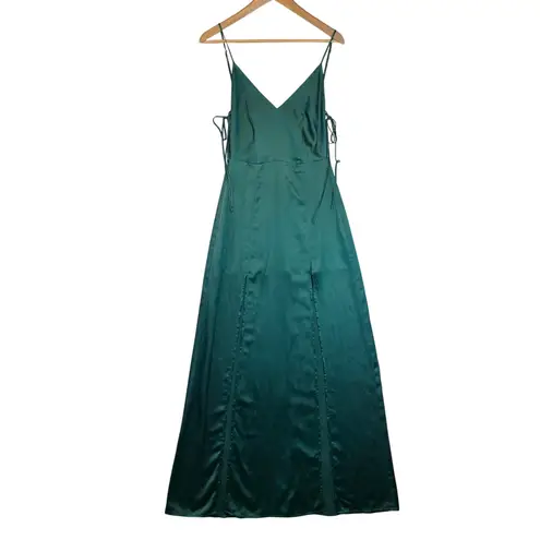 Capulet Emerald Green Satin Slip Maxi Dress Spaghetti Straps Double Slit Size S