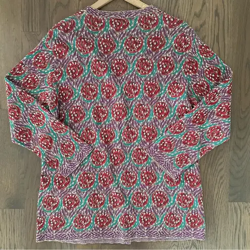 Missoni Vintage Sport Rose Print V-Neck Knit Cardigan Red, Beige, Purple Medium