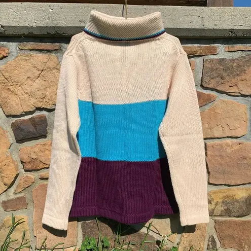 Vintage 60s 70s Sears Wool turtleneck sweater color block stripe Blue Size L - Image 3