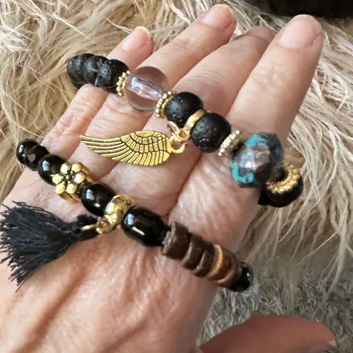 Beaded Angel Wing Bracelet Duo Set Black