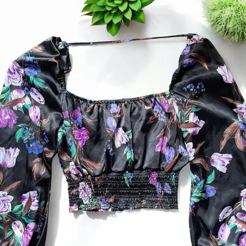 AFRM Florisa Satin Long Sleeve Smocked Top in Noir Bouquet Floral