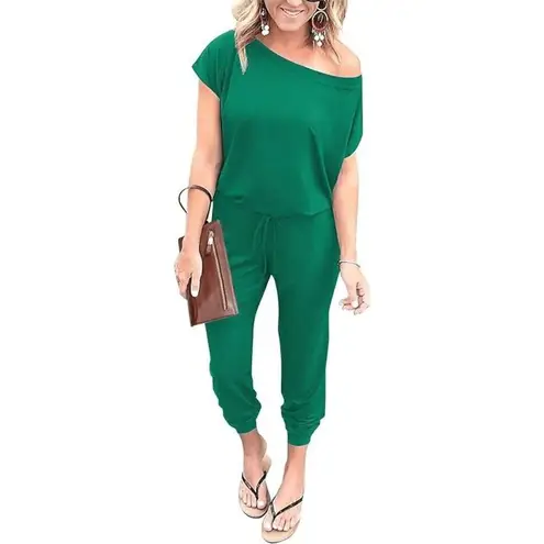 PRETTYGARDEN Kelly Green Loose Off The Shoulder Stretchy Pants Romper M NWT