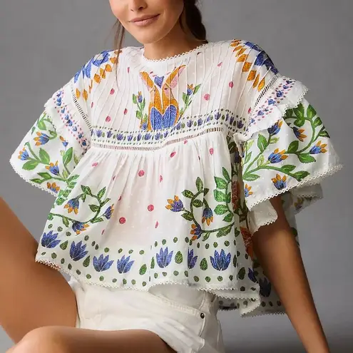 Farm Rio Summer Garden Blouse White & Multi-Colored Floral | M