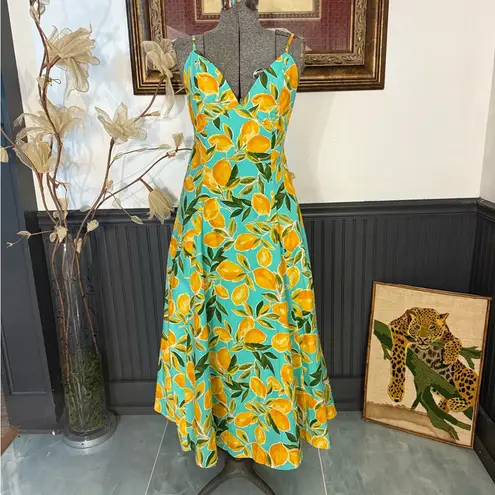 Dress Forum Lemon Print Open Back Fit and Flare Summer Dress ~ Size Small 💚🍄 Yellow