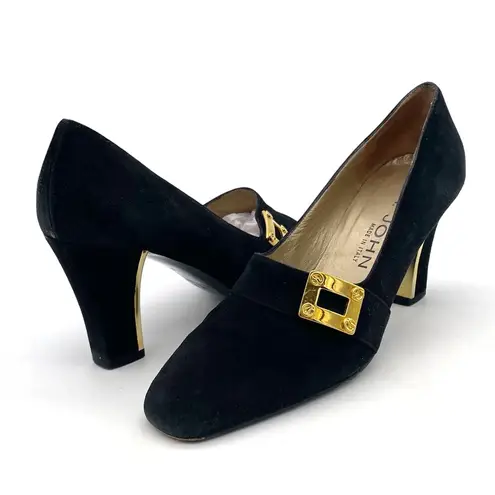 St. John Black Suede Gold Buckle Heels Made in Italy Pumps Size 7 Vintage 80s