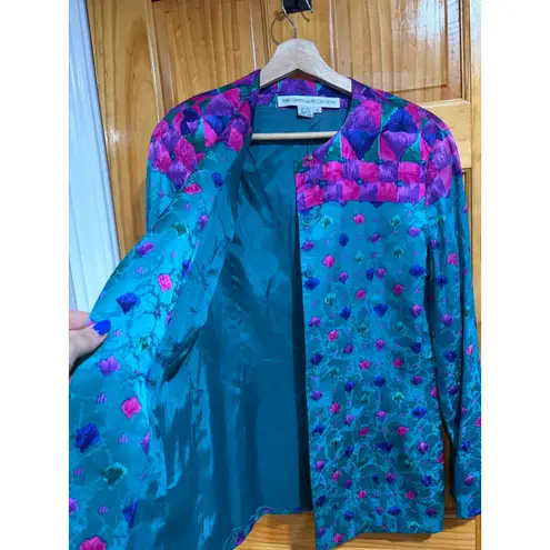 Anne Crimmins UMI Silk Floral Jewel Button Jacket Teal Magenta Vintage 80s 12 Pink