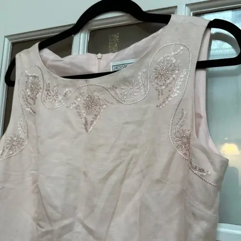 Jessica Howard Vintage  Pink Linen Embroidered Beaded Midi Dress Size 12 Large