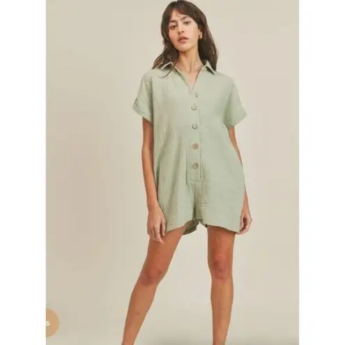 Mable Women's Cotton Wrinkle Gauze Button Front Lightweight Relaxed Romper S/M Green Size M