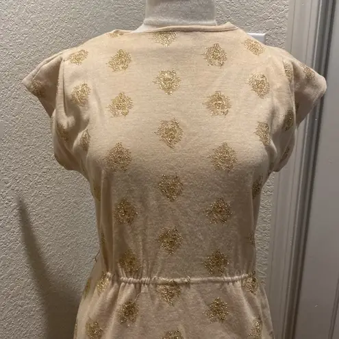 R & K Originals Vintage Short Cap Sleeve Midi Dress Tan & Gold Threaded Sz Small