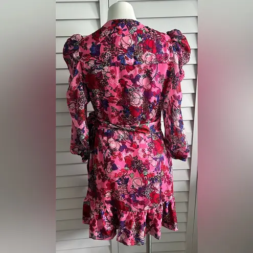 Tanya Taylor  | Sasha Pink Floral Puff-Sleeve A-Line Wrap Mini Dress