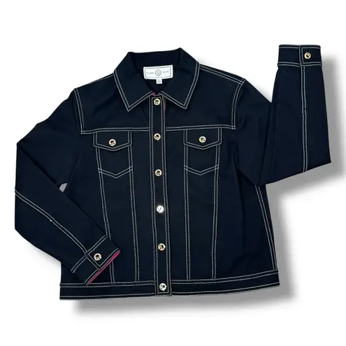 Vntg St. John Sport Contrast Stitch Button Front Denim Jacket Black Pink Small