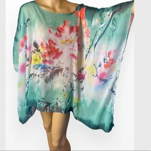 Missy Plus Floral Chiffon Caftan Poncho/ Coverup OS Green Size undefined