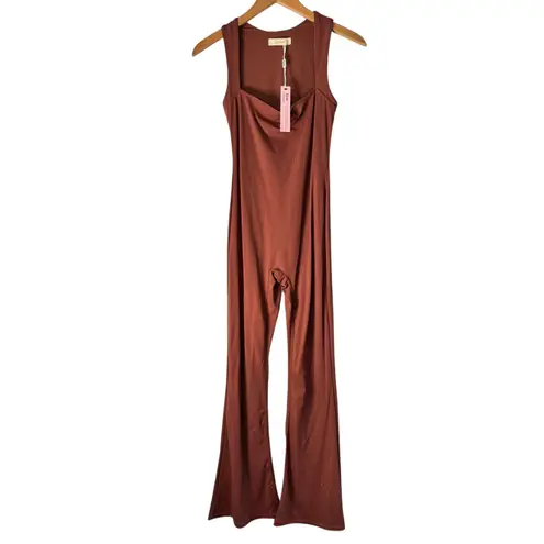 Qinsen Womens Medium Jumpsuit Sleeveless Square Neck Flare Leg Stretch Brown