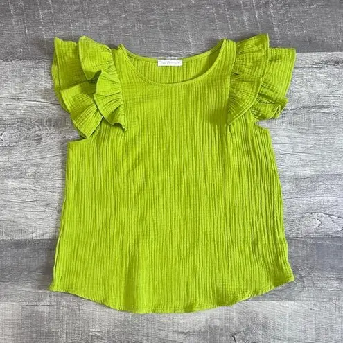 Boutique Ces Femme Ruffle Sleeve Cotton Gauze Top Womens M Bright Lime Muslin Green Size M