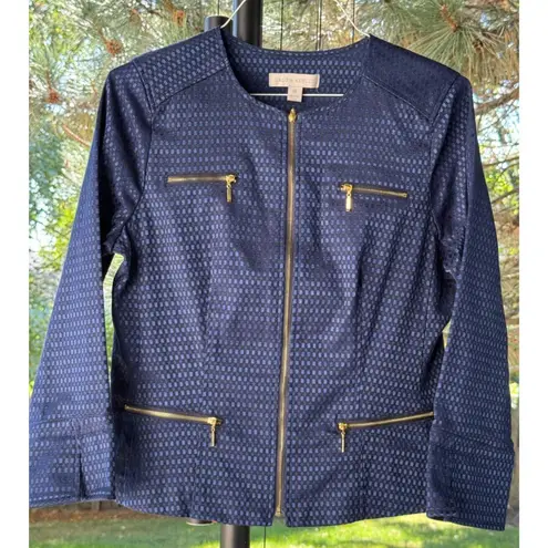 Laura Ashley Womens Blue Jacquard Jacket With Gold Zippers Size M