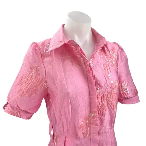 Women's Floral Jacquard Short Sleeve Button Up A Line Maxi Shirt Dress Size S Pink