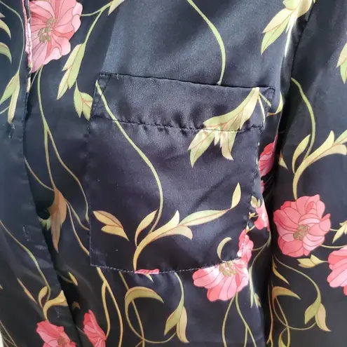August Silk Intimates Black Floral Button Down Top M