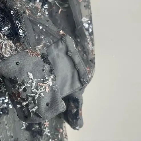 Mac Duggal 67936 Size 12 Bishop Sleeve Embroidered Mermaid Platinum Dress