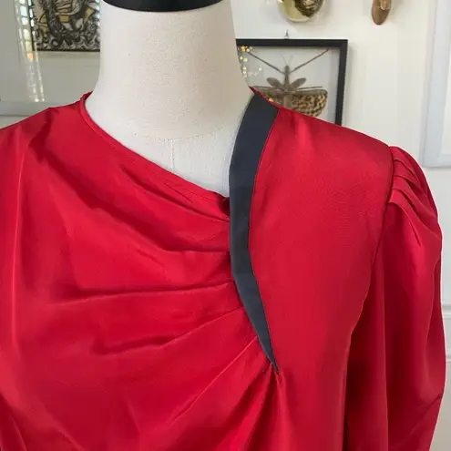Vintage 80s Chaus Red Blouse Dark Grey Trim Asymmetrical Neck L Size L
