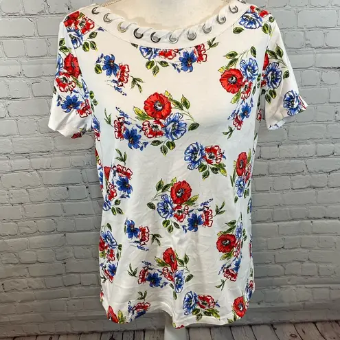 Rafaella  T-Shirt w Lacing & Grommets White Floral Print-Large