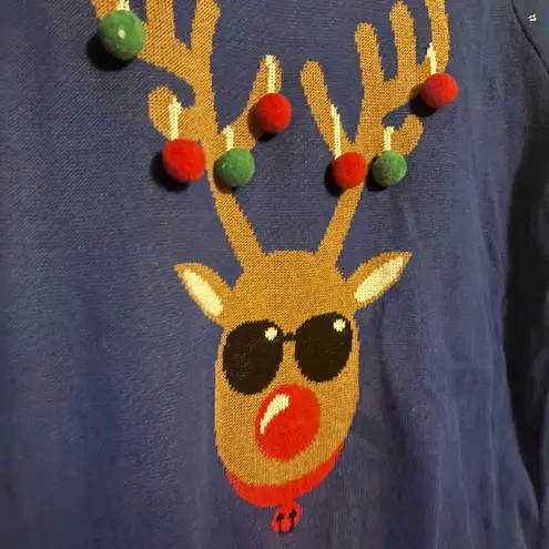 Ugly Christmas Sweater Bright Blue Reindeer Pom Pom Cozy Holiday