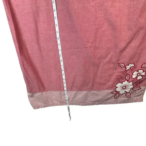 Vtg Bechamel Red Cotton Maxi Dress Floral Embroidered Striped Hem Summer 90s L Pink Size L