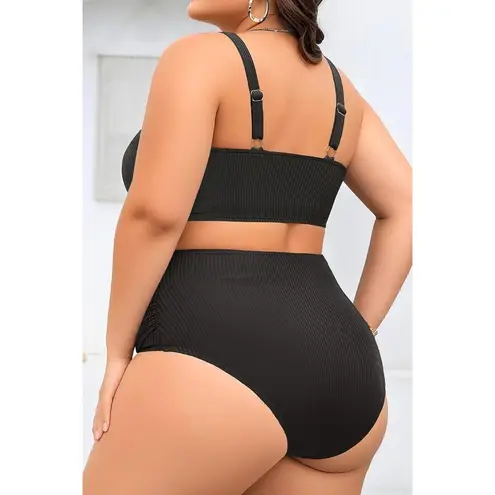 Plus Size 2 Piece Swimsuit Women's 24 PLUS Black High Waisted Bikini Ribbed NEW! - Image 2