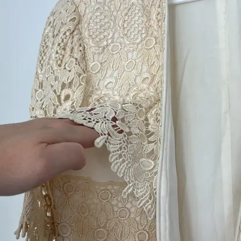 Karen Miller Vintage 80s Med Beige Cream Lace Short Sleeve Button Formal Jacket