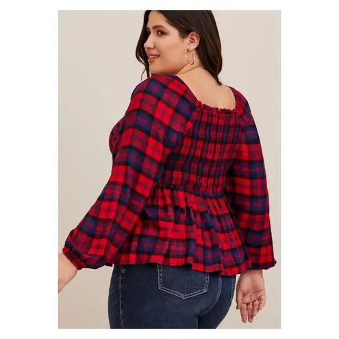 Torrid  Red Plaid Brushed Rayon Acrylic Smocked Babydoll Top Sz.2 NWT