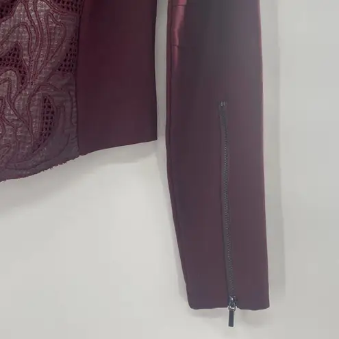 a.moss Burgundy Embroidered Mesh Long Sleeve Zip Back Moto Ponte Top Size Small
