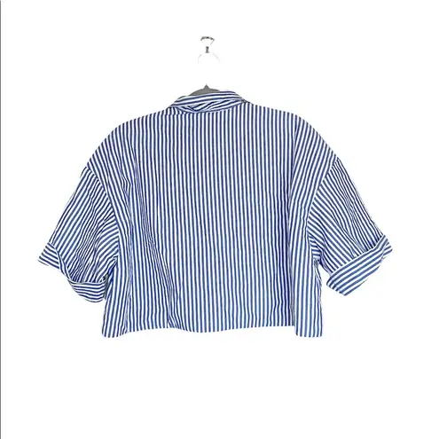 ZARA NWOT   STRIPED QUILTED SHIRT JACKET CROP BLUE WHITE LARGE