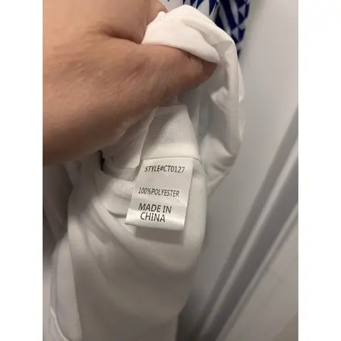 Cezele Boho Maxi Dress Size Medium White & Blue Tiered Hem Belt Spaghetti Straps