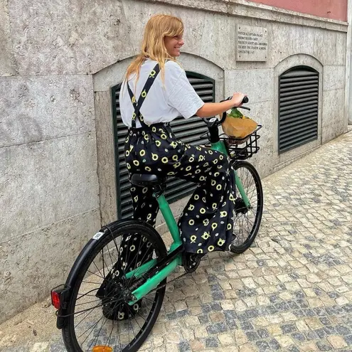 Sleeper • Baccara Linen Jumpsuit overall black yellow sunflower print flare leg
