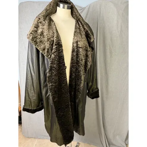 Wille Germany Metallic Olive Cocoon Coat Faux Fur Collar Oversized 16 XL Green