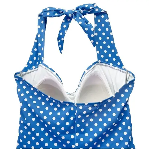 Ruby Ribbon Size 12 Blue White Polka Dot One Piece Swimsuit Halter Ruched Retro