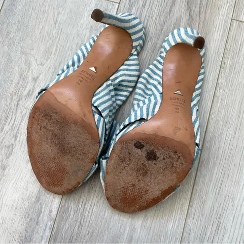 Schutz Striped Bow Open Toe Heels Sandals Blue White (size 8)