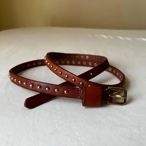 Y2K Brown Leather Studded Skinny Belt Brass Rivet Detailing Size Medium