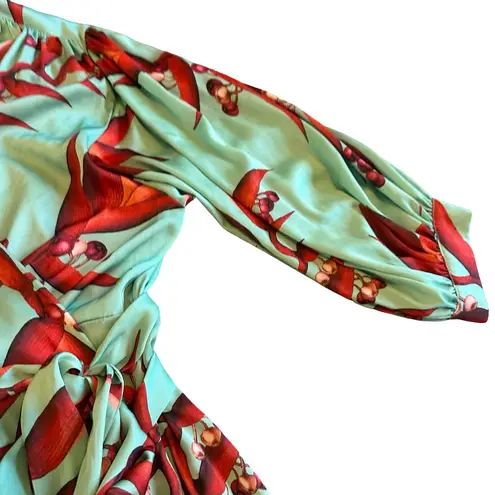 PatBo Mint Green Wrap Dress Puff Sleeves Cranberry Leaf Print Size 8 Women's