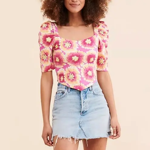 Free People  Give‎ Me More Floral Crop Top Puff Sleeve Crisscross Back Small