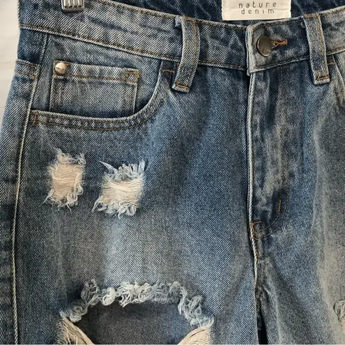 Nature Denim Blue Distressed High Rise Mom Jeans 24