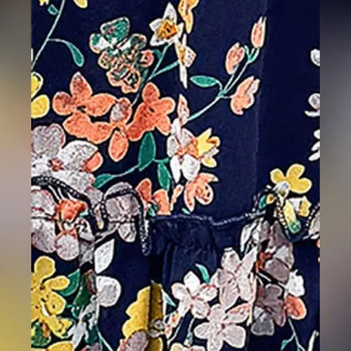 NEW Boho Navy and Floral Shirred Bodice Long Sleeve Ruffle Skirt Mini Dress Blue Size M