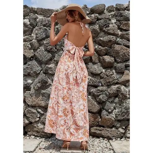 Women's Twist Front Backless Tie Back V Neck Floral Cami Maxi Dress Size M Size M