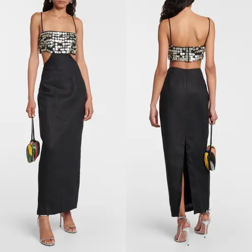 STAUD NEW NWT Jada Embellished Cutout Linen Maxi Dress In Black