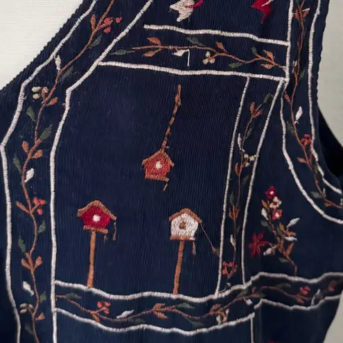 Vintage Navy Corduroy Fall Embroidered Vest Fall pumpkin leaves Birdhouse large Blue