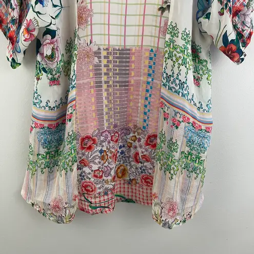 Johnny Was Light Pink White Floral Plaid Multicolor Zadie Satin Tassel Tunic Top