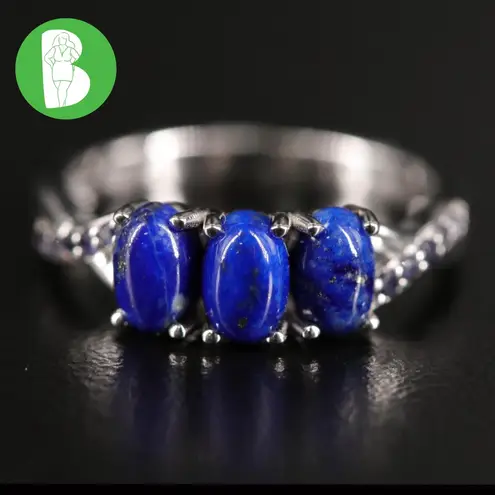 14K SOLID WHITE GOLD OVAL CABACHON LAPIS LAZULI WITH IOLITE ACCENTS (7) Blue